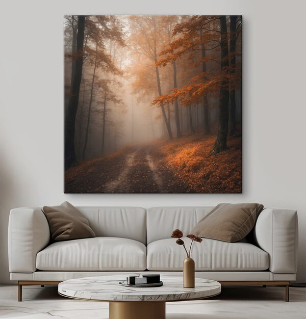 Nebliger Wald mit Bäumen und Blättern Nebliger Wald mit Bäumen und Blättern
