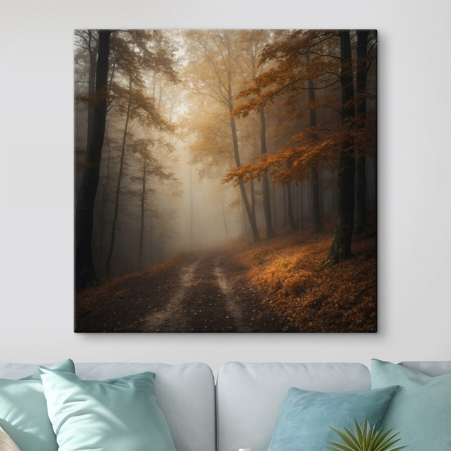 Nebliger Wald mit Bäumen und Blättern