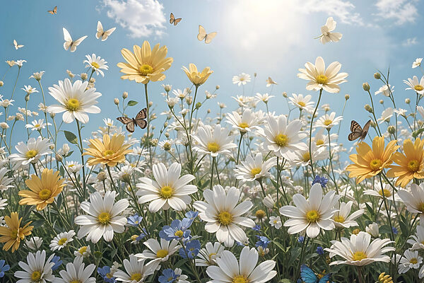 Gruppe von Schmetterlingen fliegen über ein Feld von Blumen Gruppe von Schmetterlingen fliegen über ein Feld von Blumen