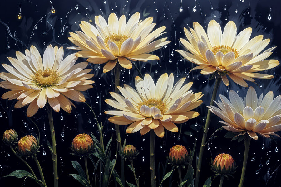 Gruppe von Blumen mit Wassertropfen