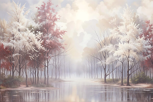 Wasserfläche mit Bäumen und bewölktem Himmel Wasserfläche mit Bäumen und bewölktem Himmel