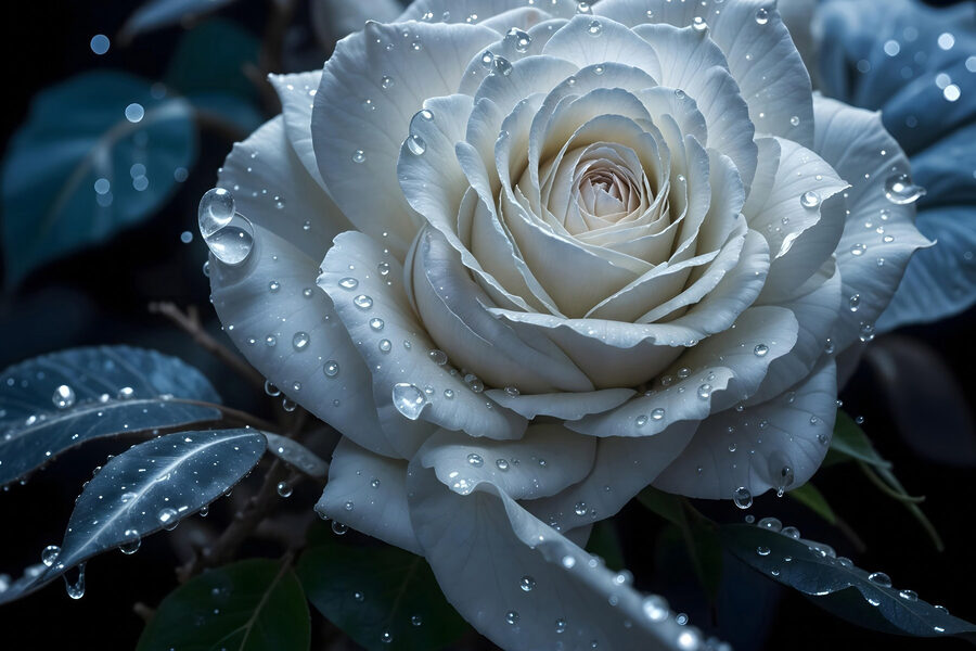 Weiße Rose mit Wassertropfen darauf
