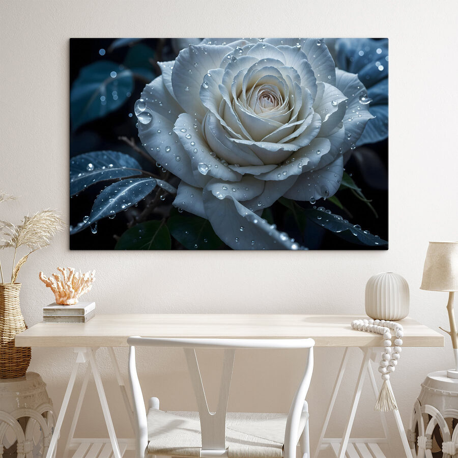 Weiße Rose mit Wassertropfen darauf
