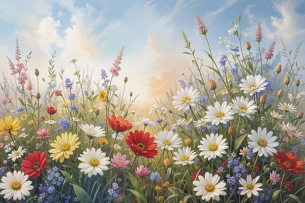 Blumenfeld mit blauem Himmel und Wolken Blumenfeld mit blauem Himmel und Wolken