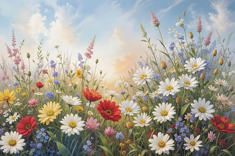 Blumenfeld mit blauem Himmel und Wolken Blumenfeld mit blauem Himmel und Wolken