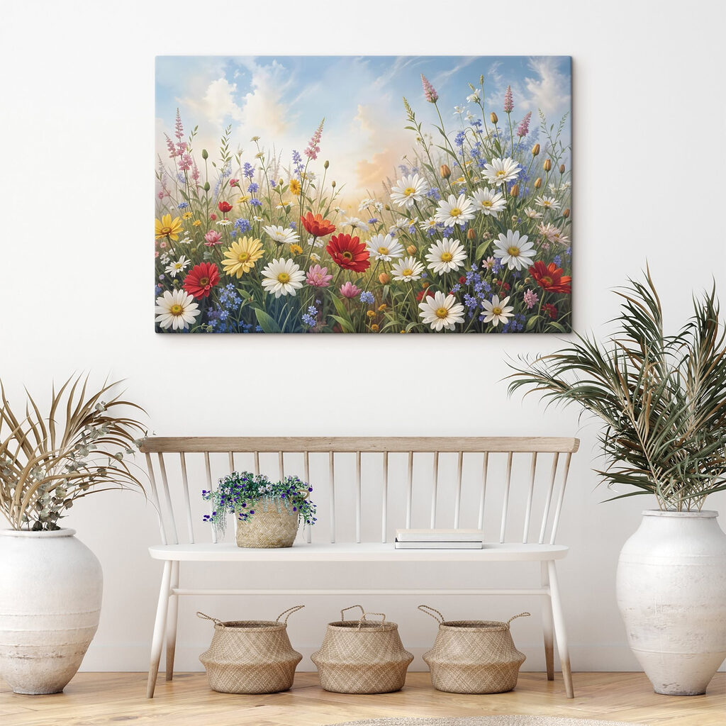 Field of flowers with blue sky and clouds