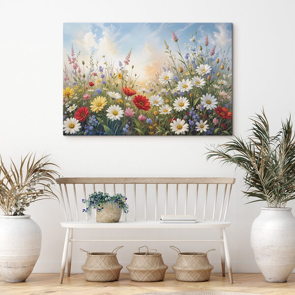 Blumenfeld mit blauem Himmel und Wolken Blumenfeld mit blauem Himmel und Wolken