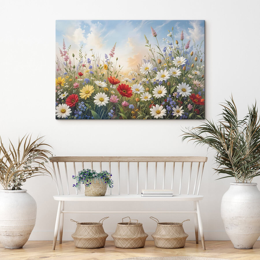 Blumenfeld mit blauem Himmel und Wolken Blumenfeld mit blauem Himmel und Wolken