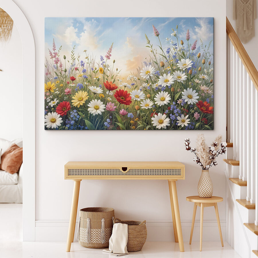 Blumenfeld mit blauem Himmel und Wolken Blumenfeld mit blauem Himmel und Wolken