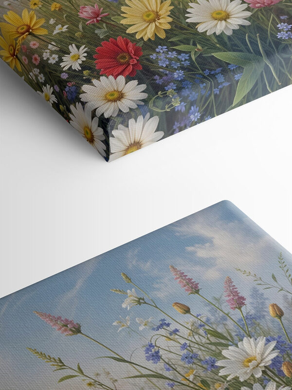 Blumenfeld mit blauem Himmel und Wolken Blumenfeld mit blauem Himmel und Wolken