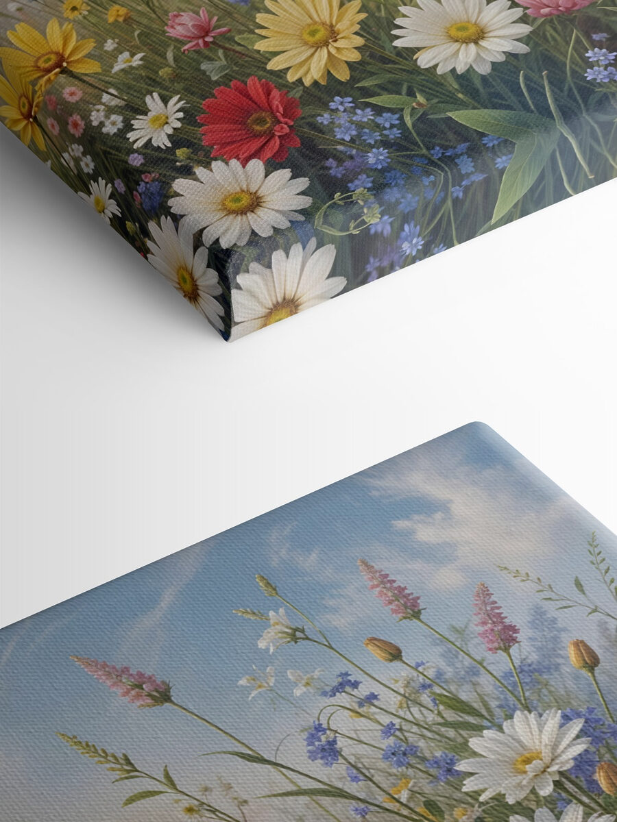 Blumenfeld mit blauem Himmel und Wolken Blumenfeld mit blauem Himmel und Wolken
