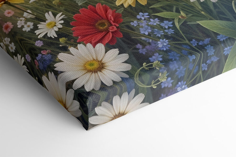 Blumenfeld mit blauem Himmel und Wolken Blumenfeld mit blauem Himmel und Wolken
