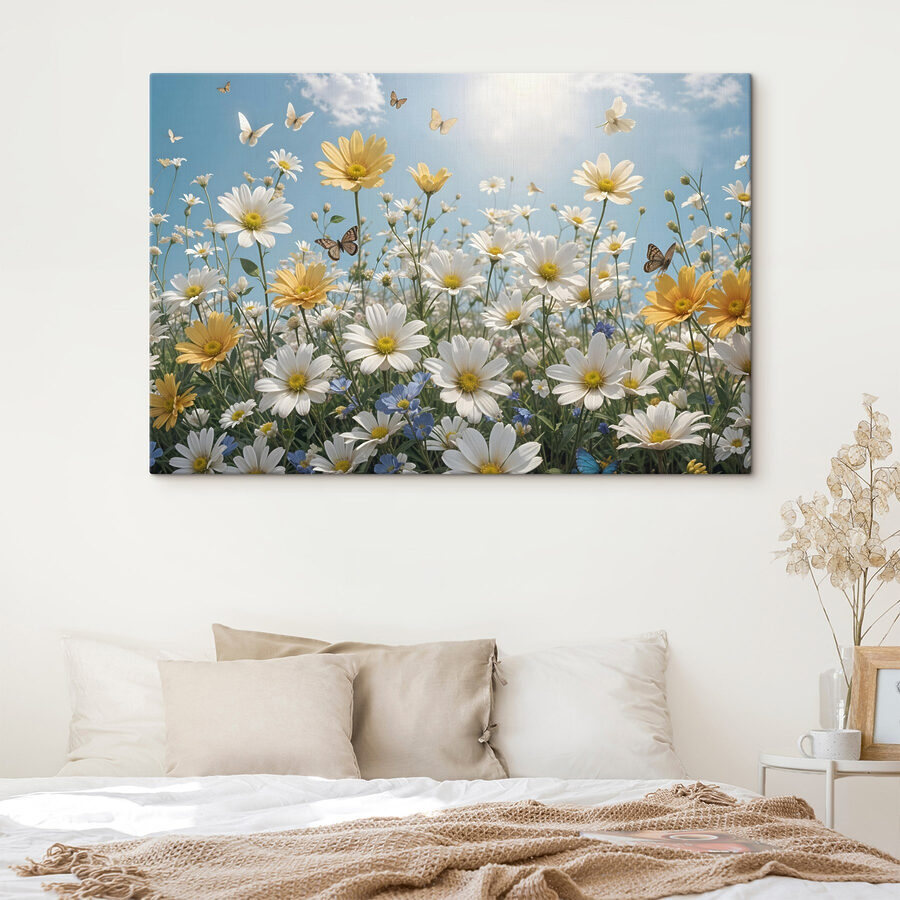 Gruppe von Schmetterlingen fliegen über ein Feld von Blumen