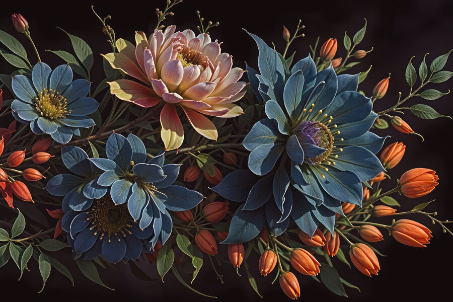 Gruppe von Blumen mit orangefarbenen Knospen