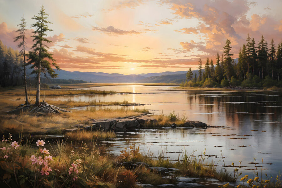 Landschaft eines Sees mit Sonnenuntergang