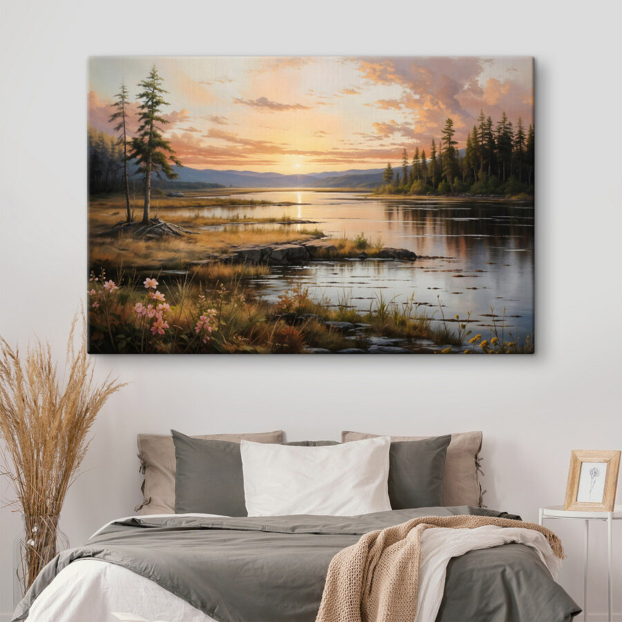 Landschaft eines Sees mit Sonnenuntergang
