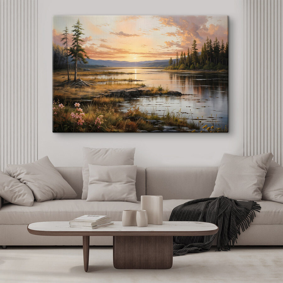 Landschaft eines Sees mit Sonnenuntergang