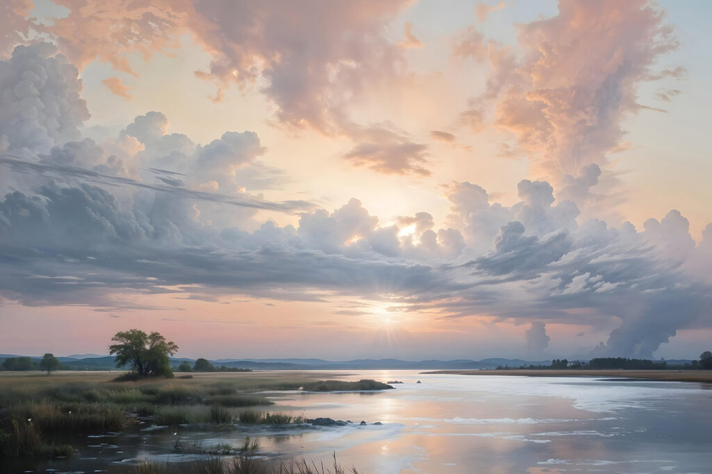 Body of water with a tree and clouds in the sky