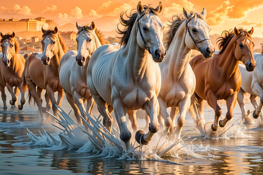 Gruppe von Pferden, die durch Wasser laufen