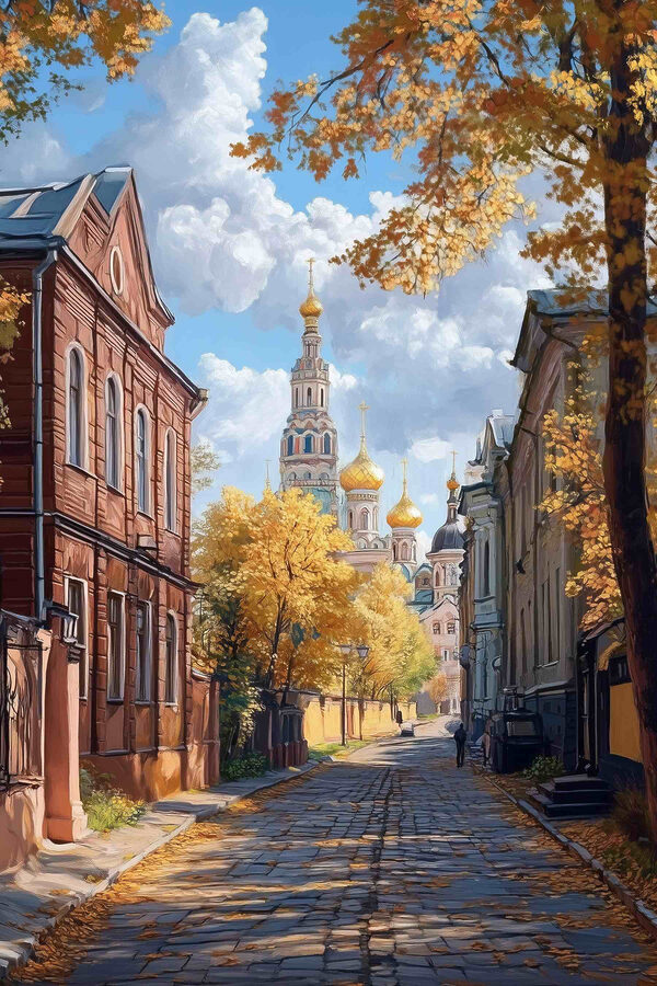 Straße mit Gebäuden und Bäumen Straße mit Gebäuden und Bäumen