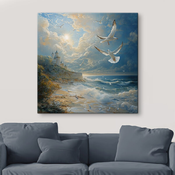 Gemälde von Vögeln, die über einen Strand fliegen Gemälde von Vögeln, die über einen Strand fliegen