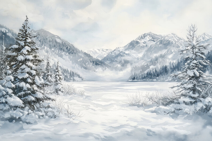 Verschneite Landschaft mit Bäumen und Bergen Verschneite Landschaft mit Bäumen und Bergen