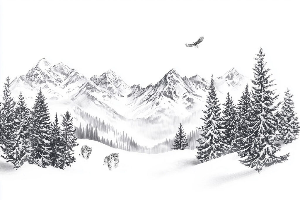 Verschneite Berglandschaft mit Bäumen und einem Vogel, der über sie fliegt Verschneite Berglandschaft mit Bäumen und einem Vogel, der über sie fliegt