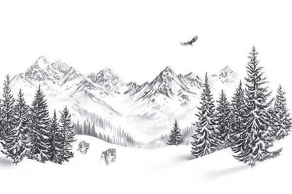 Verschneite Berglandschaft mit Bäumen und einem Vogel, der über sie fliegt Verschneite Berglandschaft mit Bäumen und einem Vogel, der über sie fliegt