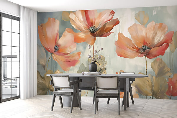 Gemälde mit Blumen an einer Wand Gemälde mit Blumen an einer Wand