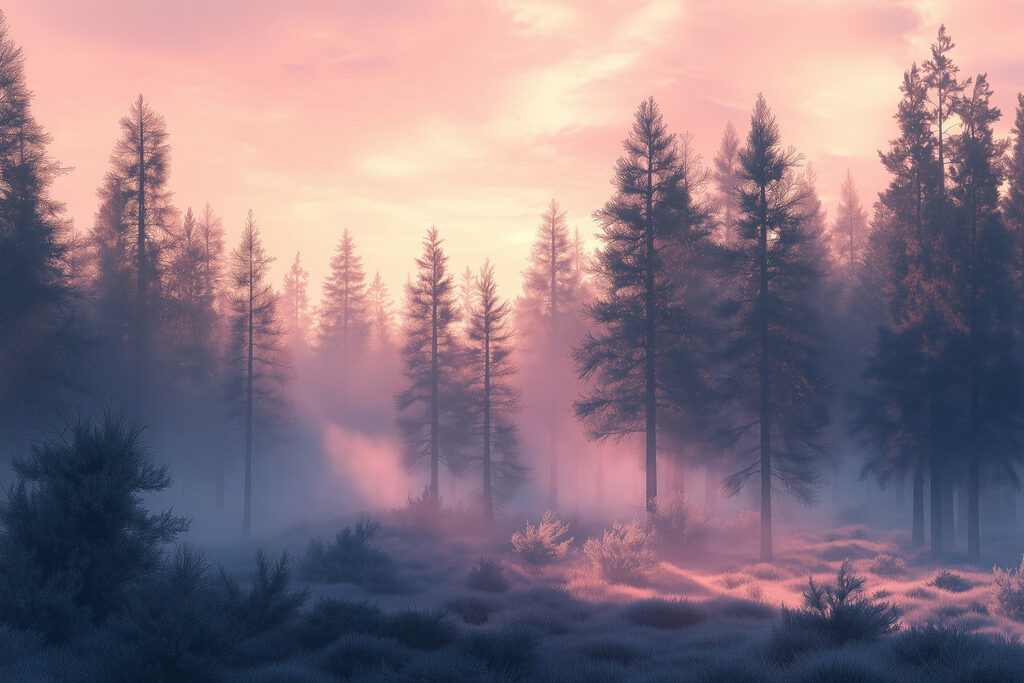 Foggy forest with trees Foggy forest with trees