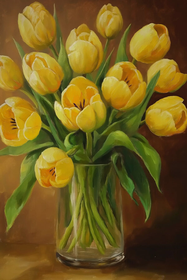 Gemälde von gelben Tulpen in einer Glasvase Gemälde von gelben Tulpen in einer Glasvase