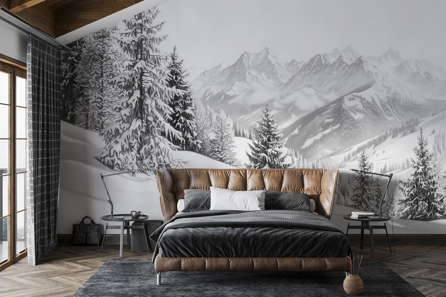 Snowy mountain with trees and mountains in the background