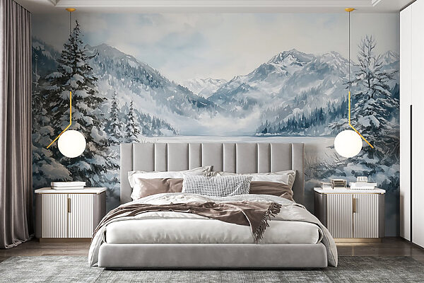 Verschneite Landschaft mit Bäumen und Bergen Verschneite Landschaft mit Bäumen und Bergen