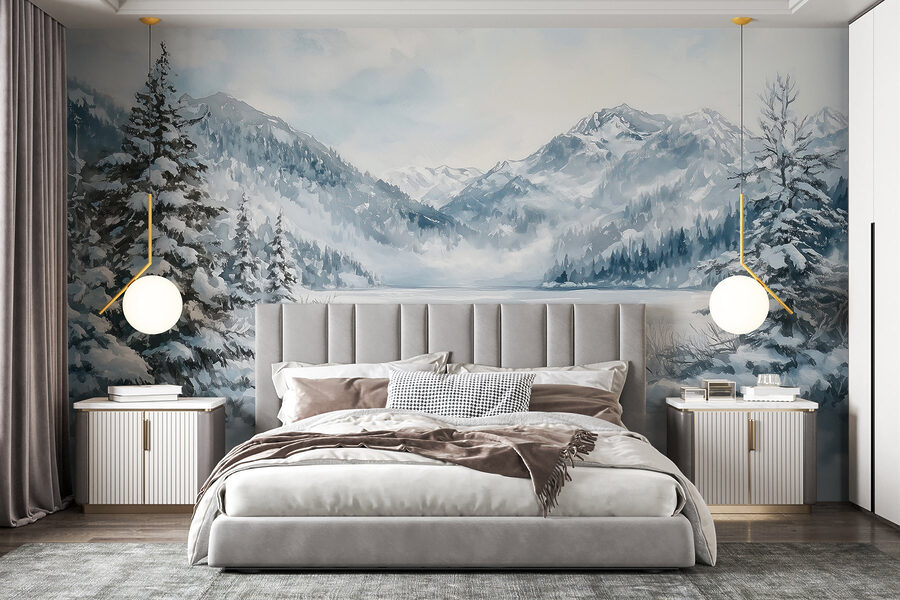 Verschneite Landschaft mit Bäumen und Bergen Verschneite Landschaft mit Bäumen und Bergen