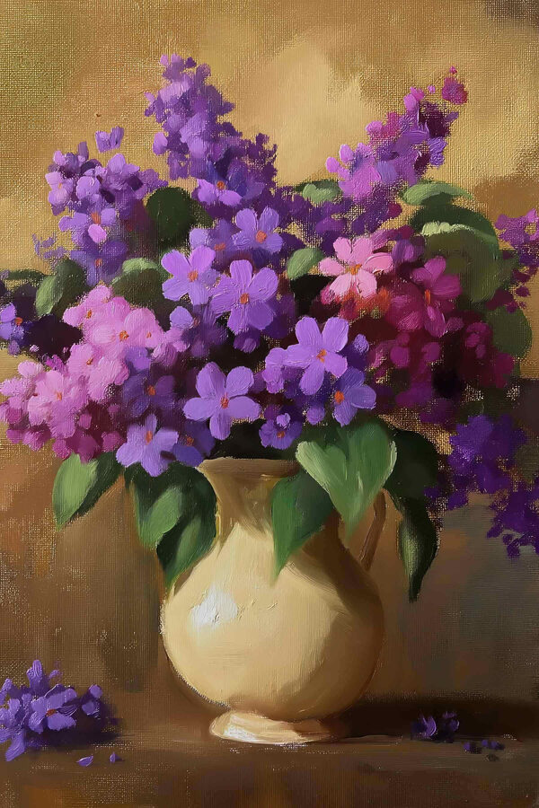 Gemälde von lila Blumen in einer Vase Gemälde von lila Blumen in einer Vase