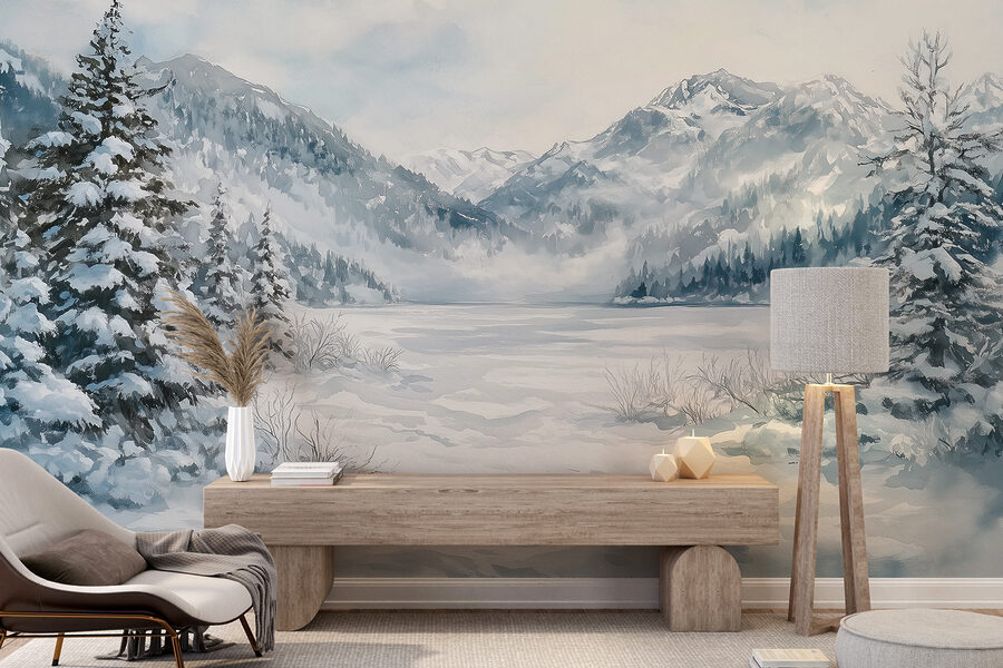 Verschneite Landschaft mit Bäumen und Bergen Verschneite Landschaft mit Bäumen und Bergen
