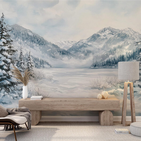 Verschneite Landschaft mit Bäumen und Bergen Verschneite Landschaft mit Bäumen und Bergen