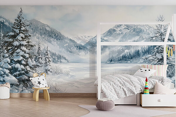 Verschneite Landschaft mit Bäumen und Bergen Verschneite Landschaft mit Bäumen und Bergen