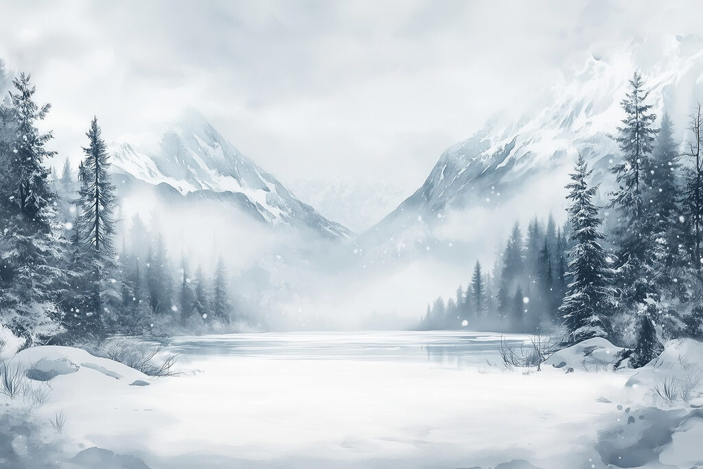 Verschneite Landschaft mit einem See und Bergen Verschneite Landschaft mit einem See und Bergen