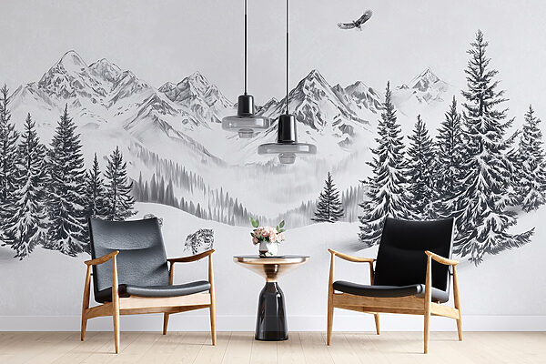 Verschneite Berglandschaft mit Bäumen und einem Vogel, der über sie fliegt Verschneite Berglandschaft mit Bäumen und einem Vogel, der über sie fliegt