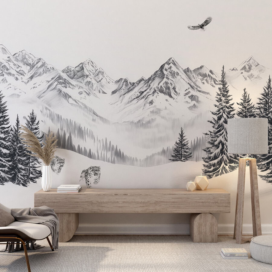 Verschneite Berglandschaft mit Bäumen und einem Vogel, der über sie fliegt