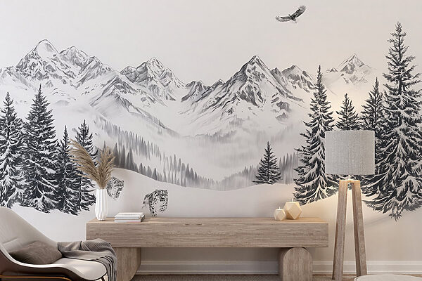 Verschneite Berglandschaft mit Bäumen und einem Vogel, der über sie fliegt Verschneite Berglandschaft mit Bäumen und einem Vogel, der über sie fliegt