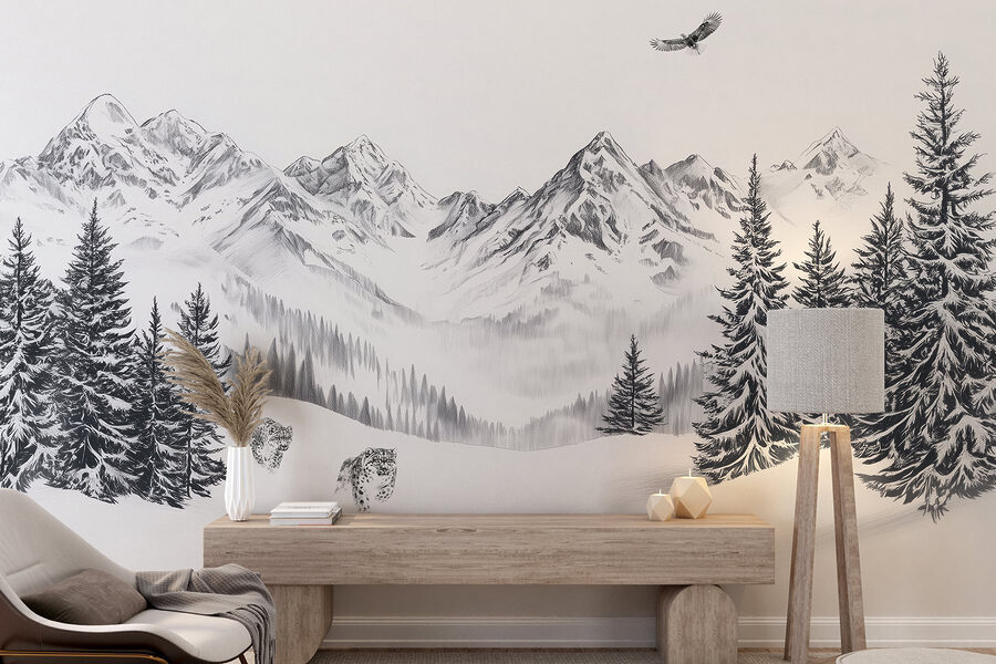 Verschneite Berglandschaft mit Bäumen und einem Vogel, der über sie fliegt