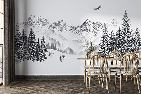 Verschneite Berglandschaft mit Bäumen und einem Vogel, der über sie fliegt Verschneite Berglandschaft mit Bäumen und einem Vogel, der über sie fliegt