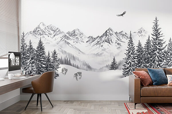 Verschneite Berglandschaft mit Bäumen und einem Vogel, der über sie fliegt Verschneite Berglandschaft mit Bäumen und einem Vogel, der über sie fliegt