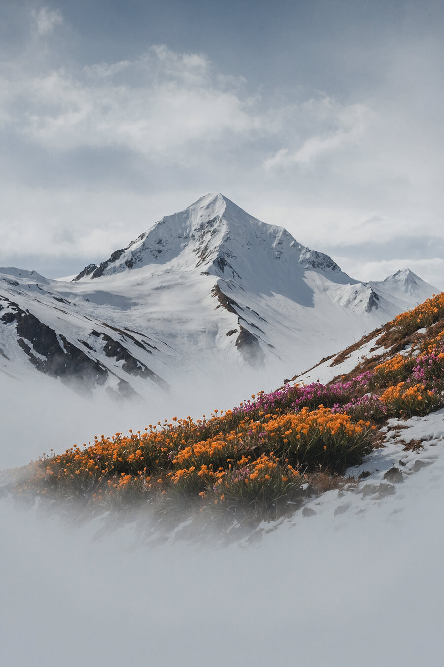 Berg mit Schnee und Blumen
