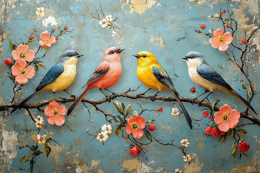 Gruppe von Vögeln auf einem Zweig mit Blumen