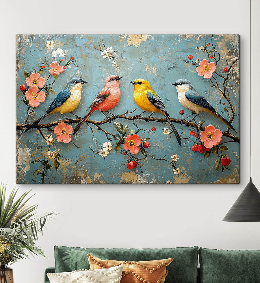 Gruppe von Vögeln auf einem Zweig mit Blumen