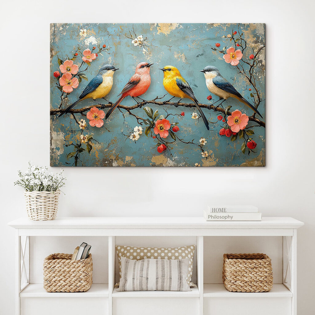 Group of birds on a branch with flowers
