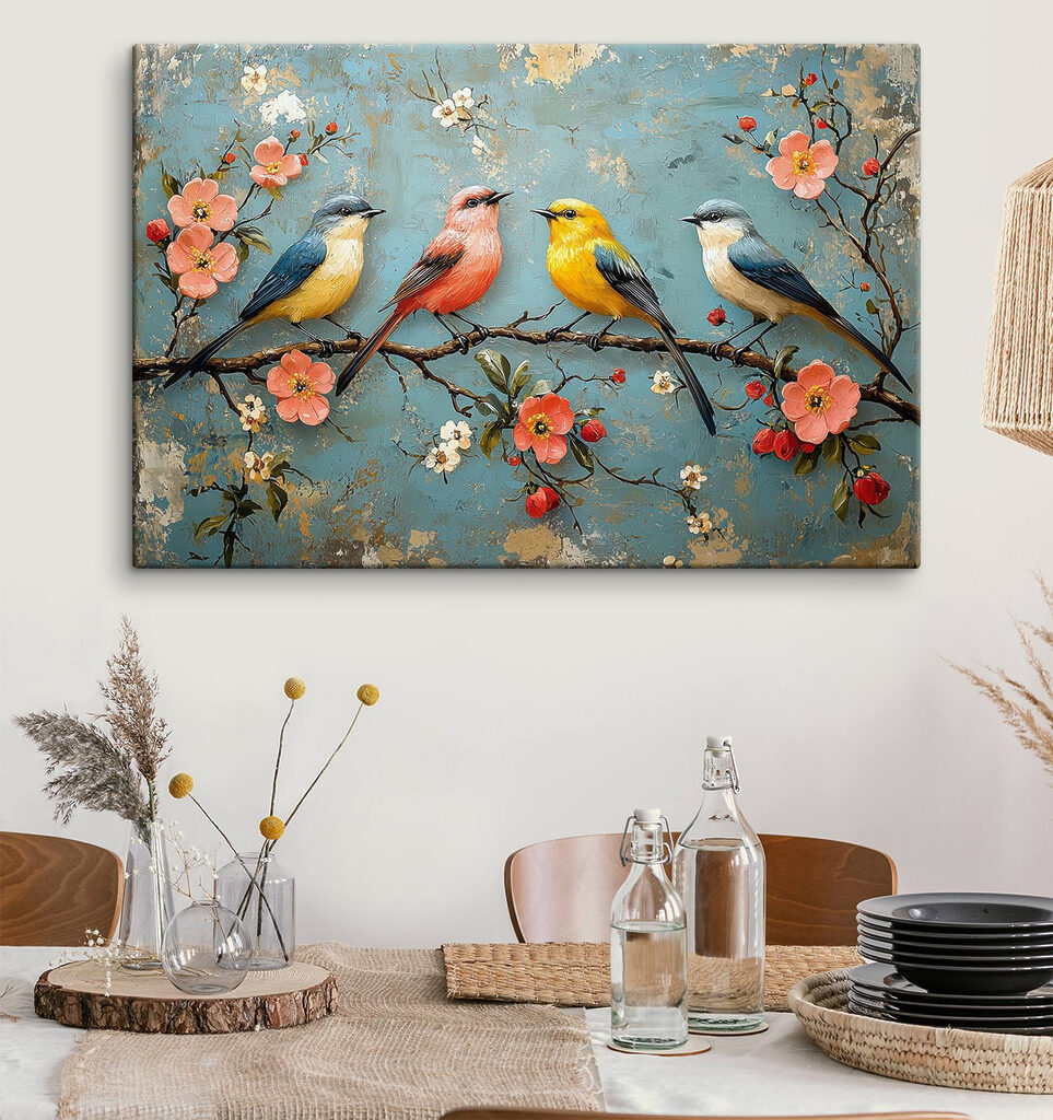 Group of birds on a branch with flowers